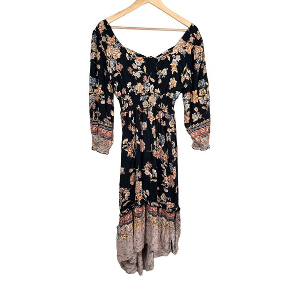 ANGIE flowy Boho Floral High low Smocked midi dress sz M - Picture 3 of 10